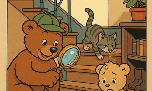 Bobbi, een grote realistische bruine knuffelbeer met geconcentreerde, vrolijke blik en glanzende ogen, draagt een groen detectivepetje en houdt een groot messing loep bij een omgevallen honingpot; Kiki, een grijs gestreepte poes, ondeugend en alert met gespannen oren, staat op de trede achter Bobbi en snuffelt aan een klein honingspoor op het hout; Bram, een klein beige welpje, ziet er beschaamd maar opgelucht uit, met vochtige ogen en licht huilend zittend op de onderste trede terwijl hij naar de gevonden pot kijkt; de warme trapgang met verouderde houten treden, smeedijzeren leuning, potplanten en een halfopen kast onder de trap met stofomslagen boeken en laarzen, ochtendlicht dat door een raam valt; de hoofdscène toont het trio rond de halfopen honingpot met glinsterende druppels, gezellige, vrolijke sfeer, warme kleuren en duidelijke gezichtsuitdrukkingen.
