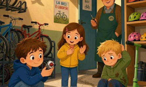 Tommaso è un bambino di 6 anni serio e contento, occhi curiosi, capelli castani scompigliati; tiene un piccolo campanello argentato con una coccinella rossa e, accovacciato, lo mostra; Giulia, circa 6 anni, sorpresa e gioiosa, capelli castano chiaro lunghi, sta in piedi accanto a Tommaso applaudendo con una mano sul petto; Nicolò, intorno ai 6 anni, imbarazzato ma sollevato, capelli biondi corti, è seduto su un gradino vicino a un monopattino verde con le scarpe impastate di fango; il signor Arturo, portinaio adulto dal volto rotondo e sorriso benevolo, tiene un piccolo cacciavite dietro i bambini vicino alla porta del locale; il locale bici è uno spazio compatto e accogliente con file di biciclette colorate, caschi su mensole, pavimento in cemento con traccia di fango e raggi di sole che filtrano da una piccola finestra in alto; la scena mostra la scoperta del campanello dietro una pila di scatole: Tommaso porge la campanella a Giulia mentre Nicolò guarda i suoi piedi e un piccolo piccione proietta la sua ombra sul muro, atmosfera leggera e complice.