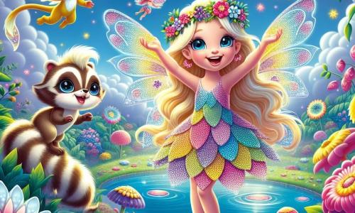 Una piccola fata di nome Lilia, con ali scintillanti come gocce di rugiada, si trova gioiosamente al centro dell'immagine. Ha lunghi capelli dorati che fluttuano nel vento, un sorriso radioso e indossa un vestito fatto di petali di fiori multicolori. Accanto a lei, un piccolo drago delle stelle, con squame brillanti e occhi pieni di curiosità, batte le ali con entusiasmo, pronto a proteggere la sua amica. Poco più in là, la piccola zibellina Fuffi, con il suo piumaggio morbido e i grandi occhi rotondi, vola sopra di loro, osservando il cielo con espressione di eccitazione. Lo sfondo è un giardino magico che fluttua tra le nuvole, pieno di fiori giganti dai colori vivaci, liane scintillanti e un lago che brilla come uno specchio, riflettendo le stelle. La scena principale mostra Lilia, il drago e Fuffi uniti, pronti a difendere il loro santuario magico da una nuvola scura che si avvicina, mentre una dolce brezza fa danzare i fiori intorno a loro.