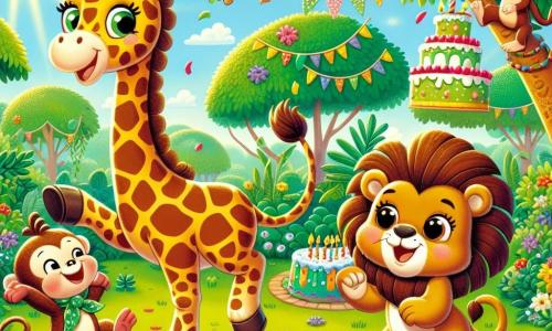 O girafă veselă numită Gigi, cu un gât lung și pătat și un zâmbet mare, dansează în mijlocul unei junglei colorate, înconjurată de frunze verzi strălucitoare și flori vibrante. Lângă ea, o maimuță jucăușă numită Titi, cu blană brună și ochi sclipitori, se leagănă pe o ramură, râzând și aplaudând-o pe Gigi. Un leu prietenos numit Leo, cu o coamă aurie și o privire curioasă, stă puțin mai retras, savurând o felie delicioasă de tort. Scena are loc într-o poiană însorită, plină de lumină, unde razele soarelui filtrează printre copaci, creând o atmosferă festivă. Gigi și prietenii ei se distrează dansând și celebrând o mare petrecere, plină de râsete și bucurie, cu fructe colorate și decorațiuni strălucitoare în jurul lor.