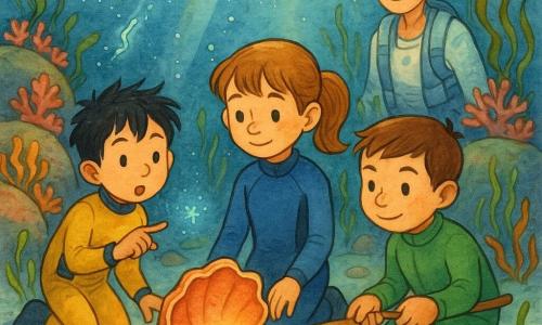 Cuatro personajes en un fondo marino junto a un pequeño arrecife: Luna, niña de 5 años, cola de caballo castaño claro, ojos grandes y tranquilos, con un traje de buceo azul, arrodillada junto a una concha mirando una perla verde; Nico, niño de 5 años, pelo negro despeinado, expresión curiosa, traje amarillo, a la izquierda señalando un filamento de plancton luminoso; Tomás, niño de 5 años, pelo castaño corto, actitud protectora, traje verde, a la derecha sosteniendo una pequeña red abierta para atrapar la perla; Marina, bióloga adulta, cabello gris recogido en moño, rostro sereno, traje blanco con chaleco ligero, al fondo junto a una roca vigilando y guiando. El paisaje: rocas redondas con corales rosas y naranjas, algas verdes y cintas marrones, arena clara con pequeñas conchas, grietas oscuras, una concha abierta en primer plano con la perla brillante; plancton azul verdoso centelleante y burbujas plateadas ascendiendo. Escena subacuática pacífica de recuperación de la perla, luz solar filtrada en franjas doradas, colores vivos y composición centrada y cálida.
