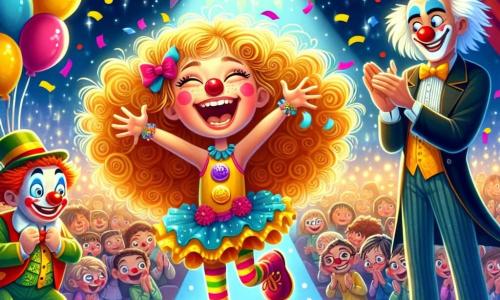 Al centro dell'immagine, una ragazza di 10 anni, Sofia, con capelli ricci e dorati, indossa un grande naso rosso da clown e una parrucca colorata. Sorride luminosamente, con gli occhi che brillano di eccitazione mentre danza felicemente sul palco, circondata da coriandoli colorati. Alla sua destra, un clown gioviale, un uomo di circa 30 anni, con il viso dipinto di bianco e un grande sorriso, indossa un costume blu e giallo e applaude con entusiasmo. Alla sua sinistra, un mago misterioso, un uomo di cinquant'anni, vestito con un lungo mantello nero, osserva divertito, tenendo una bacchetta magica. La scena si svolge sotto un grande tendone da circo, con colori vivaci, luci scintillanti e palloncini fluttuanti. Il pubblico, sullo sfondo, ride e applaude con meraviglia. Sofia, piena di gioia, fa ridere il pubblico imitando un clown, mentre il mago e il clown la incoraggiano, creando un'atmosfera magica e divertente nel circo.