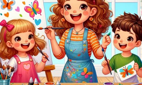 Una artista, Marina, sonriente y alegre, con cabello rizado castaño y un delantal manchado de pintura, se encuentra frente a una gran mesa de madera llena de pinceles, botes de pintura vibrantes y hojas en blanco. Está mostrando a dos niños cómo pintar, con ojos brillantes de entusiasmo. Lila, una niña de 7 años con un bonito lazo rojo en el cabello, está sentada junto a Marina, concentrada en su pintura de una mariposa colorida, con las mejillas sonrojadas de emoción. Tomás, un niño de 6 años con una camiseta verde, está de pie pintando un gran pez azul, con una gran sonrisa en su rostro. El lugar es un taller luminoso, con paredes blancas decoradas con dibujos de niños, ventanas que dejan entrar la luz del sol y una gran mesa de madera en el centro, cubierta de colores brillantes. Marina anima a Lila y Tomás a expresar su creatividad mientras mezclan colores y ríen juntos, creando un hermoso mural colectivo lleno de alegría y amistad.