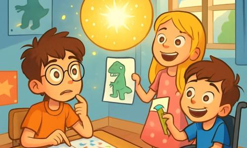 Hay 3 personajes: Mateo, un niño de 10 años con cabello castaño desordenado y gafas redondas, sentado en un escritorio de madera, mirando un cuaderno de matemáticas lleno de números coloridos. Carla, una niña de 8 años con cabello largo rubio y un vestido rosa con lunares, de pie al lado de Mateo, sosteniendo un lápiz y un dibujo de un gran dinosaurio verde, sonriendo curiosamente. Lucas, un niño de 9 años en silla de ruedas, con cabello castaño y una camiseta azul, inclinado hacia adelante, riendo y observando la escena con ojos chispeantes. La escena transcurre en una habitación infantil luminosa, con paredes pintadas de azul cielo y posters de dinosaurios y estrellas. Un gran tapete colorido está en el suelo y una ventana abierta deja entrar un suave rayo de sol, iluminando la habitación. La situación principal muestra a los tres amigos, asombrados, mientras una esfera de luz brillante flota frente a ellos, llenando la habitación con un suave resplandor dorado. Se miran con expresiones de sorpresa y emoción, listos para vivir una aventura mágica.