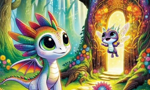 Ein kleiner Drache namens Liora, mit schimmernden Schuppen in Regenbogenfarben und großen, neugierigen Augen, steht mutig vor einem majestätischen Baum mit leuchtenden Blumen, seine kleine Pfote auf der geheimen Tür, die sich gerade geöffnet hat. Sie zeigt einen Ausdruck von Staunen und Entschlossenheit. An ihrer Seite schwebt Nimbus, ein kleines, leuchtendes Wesen, das einem Glühwürmchen ähnelt, fröhlich in der Luft mit einem strahlenden Lächeln und funkelnden Flügeln, und ermutigt Liora, in die magische Welt einzutreten. Im Hintergrund ist der Ort ein verzauberter Wald mit riesigen, knorrigen Bäumen, Sonnenstrahlen, die durch das dichte Laub filtern, und bunten Blumen, die im Wind tanzen. Die Hauptsituation zeigt Liora, bereit, sich ins Unbekannte zu wagen, während die Tür des Baumes sich zu einer Welt voller Magie und Geheimnisse öffnet, erleuchtet von Lichtblitzen und lebhaften Farben.