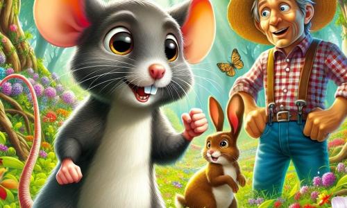 Un piccolo topo di nome Rino, con un pelo grigio lucido e grandi occhi neri pieni di curiosità, si trova coraggiosamente al centro della scena, alzando una zampa come se si stesse rivolgendo a un uomo. Ha un'espressione determinata e allegra. Alla sua destra, un uomo di mezza età, con una camicia a quadri e un cappello di paglia, guarda intorno a sé con occhi sgranati, sorpreso dalla magia del momento. A sinistra, una lepre dalle orecchie lunghe, con occhi vivaci e pelo marrone, salta gioiosamente tra i fiori colorati, aggiungendo dinamismo alla scena. Il contesto è un magnifico boschetto, pieno di fiori brillanti e raggi di sole che filtrano tra le foglie degli alberi maestosi. Farfalle danzano nell'aria, creando un'atmosfera incantata. La situazione principale mostra Rino che cerca di convincere l'uomo a non abbattere gli alberi, rivelandogli la magia del boschetto, mentre gli altri animali lo circondano, pronti ad aiutarlo in questa avventura.