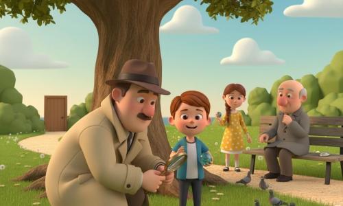 A 35-year-old detective with a round face, thin mustache, brown fedora and slightly oversized beige coat crouches examining a small shiny button in the grass with a magnifying glass; an 8-year-old boy (Max) with short brown hair and flushed cheeks stands beside him, relieved smile, holding a blue-and-green marble in his left hand; a 7-year-old girl (Lily) with a brown braid and a yellow polka-dot dress stands slightly back by a house door, shy but proud, holding another marble in her right hand; a 70-year-old man in a gray coat with a missing button sits on a worn wooden bench feeding pigeons, a shiny button beside him; the park has a large green lawn dotted with dandelions, a big oak with exposed roots, a light gravel path, and a soft evening sky with fluffy clouds; the scene centers on the oak and conveys a warm, gentle moment of discovery and reunion as the detective shows the found button.