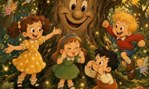 Four children: Mia, ~7, curly brown hair in pigtails, yellow polka-dot dress, left, telling a story with open hands and a big smile; Jack, ~7, messy blond hair, red sweater, right, hopping on tiptoe, playful expression; Lily, ~6, light brown straight hair with blue headband, green dress, center in front of the tree making a funny squinting face; Tom, ~6, short black hair, orange overalls, kneeling by Lily, wiggling his nose like a rabbit; setting: heart of a bright forest with emerald moss, red-and-white mushrooms, soft ferns, golden sunbeams and glowing fireflies; main scene: a large ancient tree with a wrinkled trunk and a smiling carved face sprouting shimmering golden leaves while small translucent-winged fairies hover; the children form a semicircle, making gestures and faces to make the tree laugh — magical warm-toned, rounded features, close perspective centered on tree and children.
