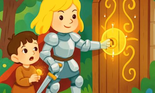 A brave knight, a girl with shiny blonde hair, wears sparkling silver armor and a large red cloak billowing in the wind. She has a determined look and a warm smile. She stands before a large wooden door adorned with golden patterns, ready to open it. Next to her, a young boy with brown hair, around eight years old, watches in admiration. He wears a simple tunic and canvas pants, holding a small shining stone in his hand, his eyes wide with surprise. The setting is an enchanted forest, with tall trees featuring vibrant green leaves, colorful flowers, and soft sunlight filtering through the branches. A small stream murmurs nearby, adding a touch of magic to the environment. The main scene shows the knight using a magical ring to open the mysterious door, while the boy encourages her enthusiastically. The atmosphere is filled with adventure and promise, with sparkling light around them.