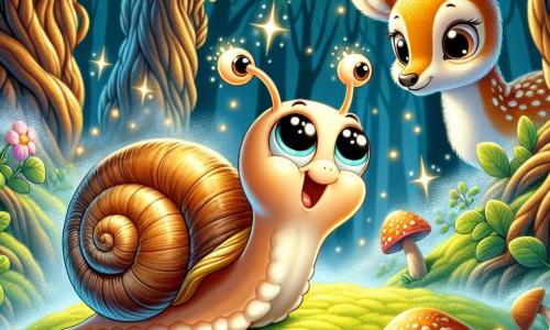 Un pequeño caracol llamado Tito, con un caparazón brillante como una perla y ojos chispeantes de curiosidad, avanza con determinación a través de una espesa bruma mágica que brilla como estrellas. Tito muestra una expresión de asombro y emoción, con sus antenas levantadas hacia el cielo. Cerca, un majestuoso cervatillo de grandes ojos dulces y pelaje dorado observa a Tito con interés, situado en una pequeña colina cubierta de musgo verde. El cervatillo parece curioso y amigable, listo para aprender de las aventuras de Tito. El escenario es un bosque encantado, donde árboles de troncos retorcidos se elevan hacia el cielo, sus hojas brillan con una luz dorada a través de la bruma. Flores coloridas y hongos de formas extrañas salpican el suelo, creando un cuadro de cuento de hadas. La situación principal muestra a Tito descubriendo la magia de la bruma, rodeado de susurros de hojas y luces centelleantes, mientras comparte un momento de amistad con el cervatillo, listo para enseñarle velocidad y valentía.