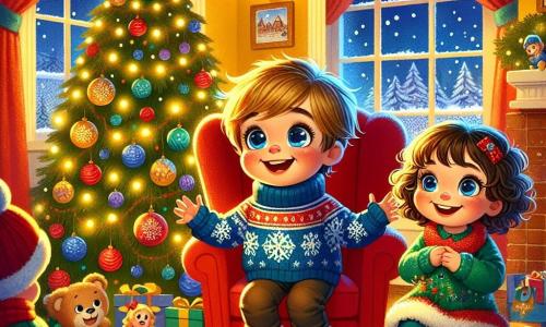 A 4-year-old boy named Tommy, with big sparkling eyes and a radiant smile, sits in a red armchair surrounded by colorful toys. He wears a blue wool sweater with snowflake patterns and looks amazed, arms open as if welcoming the magic of Christmas. Next to him, a 5-year-old girl named Lily, with curly hair and a green dress adorned with sequins, excitedly gazes at a large Christmas tree decorated with twinkling garlands and colorful baubles. She holds a gift in her hands, ready to open it. The setting is a cozy orphanage room with soft yellow walls, red-curtained windows, and a plush carpet on the floor. Snowflakes gently fall outside, creating a fairy-tale atmosphere. The main scene shows Tommy and Lily, surrounded by other children, discovering gifts under the tree, their faces lit up with the joy and excitement of Christmas, while a soft golden light fills the room, adding a touch of magic to this special moment.
