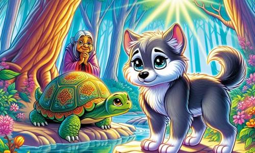 Un pequeño lobo de pelaje gris sedoso y ojos brillantes como estrellas se encuentra valientemente al borde de un misterioso arroyo de aguas cristalinas. Muestra una expresión decidida, con las orejas erguidas y la cola ligeramente levantada, listo para enfrentar sus miedos. Cerca, una tortuga anciana con un caparazón adornado de delicados patrones, llamada Sabina, observa con una mirada sabia y benevolente. Ella está sobre una roca, sonriendo suavemente, como para alentar al lobo en su búsqueda. El lugar es un bosque encantado, donde los majestuosos árboles de troncos gruesos se elevan hacia un cielo luminoso y flores coloridas bailan al viento. Rayos de sol atraviesan el follaje, iluminando el camino del lobo. La situación principal muestra a Ulú, el lobo, listo para cruzar el arroyo de los Espejos, decidido a enfrentar sus miedos y recuperar la Luz de la Esperanza, mientras la tortuga lo alienta con su mirada llena de sabiduría.