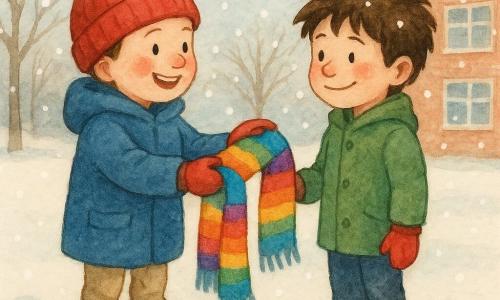 Um menino de 8 anos, chamado Tomás, com bochechas rosadas e um largo sorriso, veste um grosso casaco azul, um gorro vermelho e botas de neve. Ele oferece um cachecol colorido a outro menino. Ao lado dele, um menino de 8 anos, chamado Luís, com cabelos castanhos despenteados, veste um casaco verde e luvas vermelhas, exibindo um sorriso agradecido. Eles estão no pátio nevado da escola, cercados por flocos de neve que caem suavemente. Ao fundo, árvores sem folhas e um prédio escolar de tijolos vermelhos completam a cena de inverno. A situação principal mostra Tomás compartilhando seu cachecol com Luís, ilustrando um gesto de amizade e calor no frio do inverno.