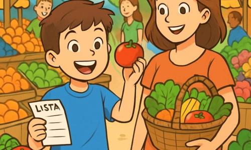 Un niño de 10 años, Tomás, con cabello castaño y ojos brillantes, sonríe alegremente sosteniendo una lista de compras en una mano y un tomate rojo brillante en la otra. Lleva una camiseta azul y un pantalón corto beige, y su rostro expresa emoción y orgullo. A su lado, su mamá, una mujer de unos 35 años con cabello castaño y una sonrisa cálida, lleva una cesta llena de frutas y verduras frescas. Ella mira a Tomás con admiración, un poco detrás de él, en un mercado animado. El lugar es un mercado local vibrante, lleno de puestos coloridos con frutas multicolores, verduras crujientes y flores brillantes. La gente se mueve alegremente, y el aire está impregnado del olor de especias y productos frescos. La situación principal muestra a Tomás y su mamá eligiendo productos frescos juntos, mientras amigos y otros clientes se cruzan a su alrededor, creando una atmósfera alegre y amigable.