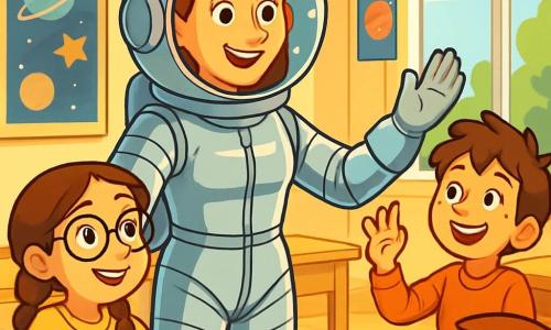 Valentina, un'astronauta trentenne, è in piedi in un'aula luminosa, circondata da bambini affascinati. Indossa una tuta spaziale argentata brillante e un casco trasparente che riflette stelle scintillanti. Il suo viso irradia gioia ed entusiasmo, i suoi occhi brillano di passione per lo spazio. Accanto a lei, Marco, un ragazzo di 9 anni con i capelli castani disordinati, alza la mano con un grande sorriso, impaziente di fare una domanda. Sofia, una ragazza di 10 anni con occhiali e trecce, è seduta sul bordo del suo seggiolino, gli occhi sgranati, catturata dalle storie di Valentina. L'aula è colorata, con poster di pianeti e stelle appesi alle pareti, banchi in legno chiaro e finestre che lasciano entrare la luce del sole. Valentina racconta le sue avventure nello spazio, mentre i bambini la ascoltano attentamente, i loro volti illuminati dall'incanto e dalla curiosità, sognando di diventare astronauti.