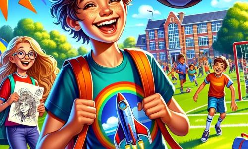 Een 11-jarig jongen, Thomas, met bruin, krullend haar, glimlacht enthousiast terwijl hij een voetbal in de ene hand en een kleurrijke rugzak in de andere houdt. Hij draagt een T-shirt met een grote afbeelding van een raket, wat zijn droom om astronaut te worden symboliseert. Naast hem lacht Emma, een 10-jarig meisje met lange, blonde vlechten, terwijl ze een tekening vasthoudt die ze heeft gemaakt, terwijl Sam, een 11-jarig jongen met een bril en een brede glimlach, zich voorbereidt om een vrije trap te nemen op het voetbalveld. De achtergrond is een drukke schoolyard, met kinderen die spelen, groene bomen en een groot schoolgebouw op de achtergrond, waar felle kleuren en buitenspellen bijdragen aan de vrolijke sfeer. De hoofdscene toont Thomas en zijn vrienden die samen plezier hebben tijdens de pauze, klaar om voetbal te spelen, omringd door een sfeer van kameraadschap en geluk.