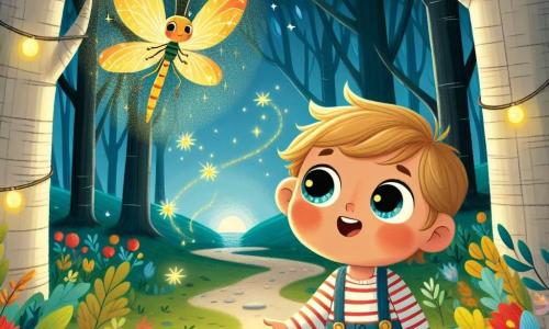 Um menino de 2 anos, Nino, com bochechas rosadas e olhos brilhantes como estrelas, está no centro da cena. Ele usa uma camisa listrada e um short de denim, seu rosto radiante de maravilha e curiosidade. Ao seu lado, um lindo vaga-lume dourado, brilhando como uma joia, voa ao seu redor, iluminando seu rosto alegre. O local é o Bosque das Luzes, um lugar encantador onde as árvores de troncos largos e retorcidos parecem sussurrar segredos. As folhas brilham em ouro e as flores coloridas dançam suavemente ao vento, criando uma atmosfera mágica. Nino, fascinado, segue o vaga-lume por um caminho coberto de folhas douradas, pronto para descobrir as maravilhas escondidas do bosque.