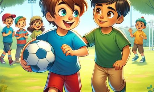Un niño de 9 años, Lucas, con cabello castaño desordenado y ojos brillantes de curiosidad, sonríe alegremente mientras sostiene un balón de fútbol. Lleva una camiseta azul y un pantalón corto rojo, y corre hacia un grupo de niños para invitarlos a jugar. Junto a él, Amir, un niño de 9 años de origen sirio, con cabello negro y ojos marrones, se mantiene un poco al margen, con una sonrisa tímida en el rostro. Lleva una camiseta verde y un pantalón beige, y mira a Lucas con admiración, listo para unirse al juego. El escenario es un parque soleado, lleno de flores coloridas y árboles verdes, con un campo de fútbol en el centro donde juegan otros niños. La situación principal muestra a Lucas animando a Amir a unirse a ellos, ilustrando un momento de tolerancia y amistad, donde se celebran las diferencias y se invita a todos a participar en el juego.