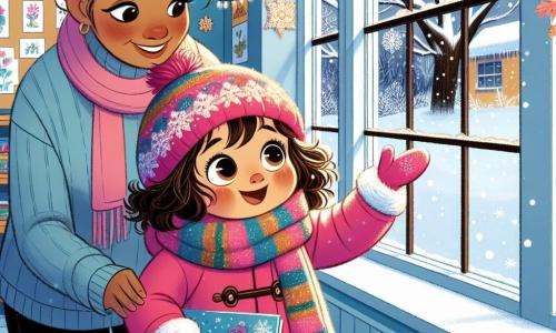 Uma menina de 4 anos, Sofia, com grandes olhos brilhantes e bochechas rosadas, está de pé diante de uma janela, maravilhada com a neve que cai suavemente. Ela usa um casaco rosa vibrante, um cachecol de lã colorido e luvas combinando, com seus cabelos castanhos cacheados aparecendo sob um gorro de tricô. Ao lado dela, a professora Ana, uma mulher na casa dos trinta com cabelos castanhos presos em um coque, sorri calorosamente enquanto segura um livro ilustrado sobre as maravilhas do inverno. Ela está vestida com um suéter azul e calças pretas, um pouco afastada para observar a expressão alegre de Sofia. O local é uma sala de aula iluminada, decorada com desenhos de inverno nas paredes, flocos de neve de papel pendurados no teto e uma grande janela com vista para uma paisagem nevada, onde as árvores estão cobertas por uma espessa camada de neve cintilante. A cena principal mostra Sofia, com os olhos brilhando de alegria, apontando para a neve que cai, enquanto a professora Ana a incentiva a compartilhar suas ideias sobre criaturas mágicas do inverno, criando uma atmosfera de descoberta e encantamento.