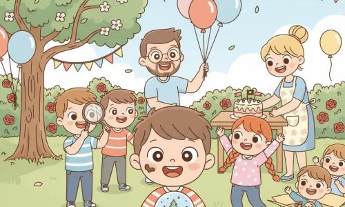 Un băiat de 6 ani, vesel și uimit, cu păr brun scurt și o pată de ciocolată pe obraz, ține un glob de zăpadă în mâini și zâmbește; mama, circa 30 de ani, păr blond prins, șorț cu flori, așază un tort cu mici pavilioane de pirați pe o masă joasă; tatăl, circa 32 de ani, barbă subțire și ochelari rotunzi, râde umflând un buchet de baloane colorate, stând ușor în spatele băiatului; doi prieteni — o fetiță de 6 ani cu cozi roșcate sare de bucurie în dreapta și un băiat de 7 ani, castaniu, ține o lupă în stânga — toți privesc descoperirea; decorul e o mică grădină însorită de primăvară cu gazon verde, un măr vechi la stânga, tufe de trandafiri roșii, ghirlande și baloane; la picioarele unui tufiș de trandafiri e o cutie mare cu panglică albastră deschisă, copii în jur, lumină blândă și umbre moi; culori vii și pastel, linii clare, contururi moi, texturi simple, expresii exagerate și ochi strălucitori; compoziția centrata pe băiatul cu globul, planuri apropiate pentru fețe și fundal ușor neclar.