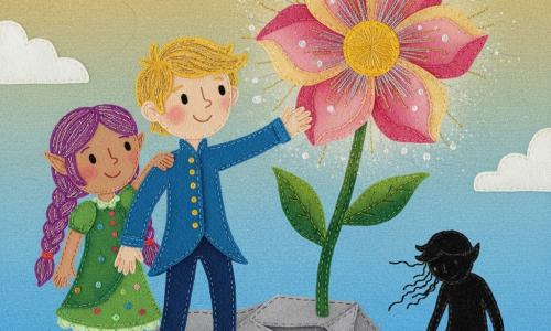 Prins Felix, ongeveer 8 jaar, rond gezicht en glanzend blond haar, moedige verwonderde blik, reikt naar een grote lichtgevende bloem; lijf van blauwe vilt met zichtbare naden en gouden knopen op zijn jasje. Lila, elfje van ongeveer 7 jaar met paarse vlechten en geruststellende glimlach, staat links van de prins met haar hand op zijn schouder, draagt een groene jurk met geborduurde stippen. De slechterik Zorak, volwassen man, donkere gestileerde silhouet rechtsachter, klein en vage, verslagen houding. De Bloem van Ware Liefde is groot met roze- en goudenblaadjes die glanzende draden lijken te hebben en een dicht geborduurd geel hart, lichtgevende gloed aangegeven met metaalachtige draad. De bergtop is eenvoudig en rotsachtig van grijs vilt met genaaide randen, enkele witte wattenwolken, lucht verloopt van lichtblauw naar goud. Warme sfeer, felle contrasterende kleuren, zichtbare texturen (vilt, borduurwerk, stiksels), zacht licht van de bloem. Compositie gecentreerd op de prins en de bloem, Lila links dicht bij hem, Zorak klein rechtsachter, eenvoudige kindvriendelijke perspectief.