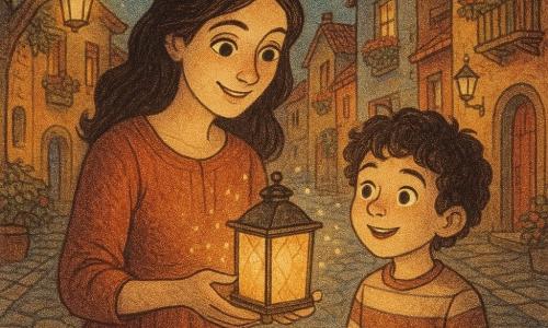 Una mujer con manos delicadas y ojos brillantes como lunas, llamada Elena, está de pie en una calle adoquinada. Ella está concentrada y sonriente, sosteniendo un farol brillante en sus manos. A su lado, un niño de unos 8 años, con una expresión de asombro, mira el farol. Tiene el cabello rizado y lleva un suéter a rayas. A su alrededor, el pueblo está animado con casas de fachadas coloridas y balcones adornados con flores. Faroles colgados de los árboles y balcones iluminan la escena con una suave luz dorada. La situación principal muestra a Elena ofreciendo un farol al niño, y la calle se ilumina con pequeñas luces mágicas, creando un ambiente cálido y de ensueño.