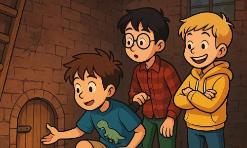 Hay 3 personajes: - Leo: un niño de 10 años, con el cabello castaño desordenado y ojos llenos de curiosidad. Lleva una camiseta azul con un dibujo de dinosaurio y un pantalón corto beige. Está agachado, examinando una pequeña puerta de madera oculta bajo una vieja escalera. - Raúl: un niño de 11 años, con gafas redondas y cabello negro. Lleva una camisa de cuadros rojos y un pantalón verde. Sostiene una linterna, iluminando la puerta con una mirada intrigada. Está justo detrás de Leo. - Tomás: un niño de 10 años, con cabello rubio y una gran sonrisa. Lleva una sudadera amarilla y jeans. Está de pie al lado de Raúl, con los brazos cruzados y una expresión entusiasta en su rostro. El lugar donde se desarrolla la situación principal es un viejo pasillo oscuro, con paredes de ladrillo rugoso cubiertas de telarañas. Una luz tenue filtra a través de una pequeña ventana polvorienta, revelando sombras misteriosas. En el suelo, hojas amarillentas y viejos juguetes olvidados están esparcidos, añadiendo un toque de aventura a la atmósfera. La situación principal de la historia muestra a los tres amigos descubriendo una puerta secreta bajo una escalera, llenos de emoción y curiosidad. Leo se inclina para examinarla, mientras Raúl ilumina la puerta con su linterna, y Tomás mira alrededor con una sonrisa, listo para explorar lo que hay detrás.
