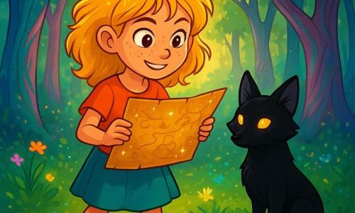 A 10-year-old girl named Eliza, with dandelion-blonde hair and freckles on her smiling face, stands at the edge of an enchanted clearing. She has sparkling eyes full of curiosity and a determined expression. She holds a shimmering ancient map in her hands, her bare feet brushing against the soft, fluffy grass. Next to her, a black fox with lantern-like bright eyes and sleek fur watches Eliza closely, ready to assist her on her adventure. The fox appears wise and mysterious, standing slightly back as if waiting for the right moment to intervene. The setting is a magical forest, where tall, twisted trees have trunks adorned with vibrant colors like turquoise and purple. Luminous flowers grow among the roots, and soft melodies float in the air, creating a fairy-tale atmosphere. The main scene shows Eliza, full of enthusiasm, ready to venture into the Forest of Forgotten Songs, where she must sing to move forward. The golden sunlight filters through the leaves, illuminating her determined face and the mysterious path ahead.