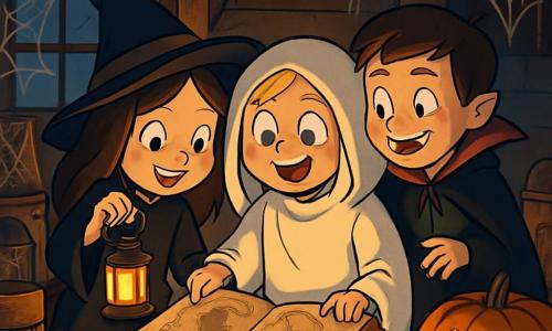 Ci sono 3 personaggi: - Rebecca: una ragazza di 9 anni, con lunghi capelli castani e occhi scintillanti. Indossa un costume da streghetta nero con un cappello a punta e tiene una piccola lanterna. - Chiara: una ragazza di 9 anni, con capelli biondi a caschetto e occhi blu. È travestita da fantasma con un lenzuolo bianco, con gli occhi ritagliati che mostrano un sorriso gioioso. - Marco: un ragazzo di 9 anni, con capelli castani e un sorriso birichino. È vestito da vampiro con un mantello rosso e denti aguzzi, accanto alle ragazze, pronto a trascinarle nell'avventura. I tre amici si trovano in una vecchia casa misteriosa, circondata da ragnatele e decorazioni di Halloween. La luce della luna filtra attraverso le finestre polverose, creando ombre danzanti sui muri. Le zucche illuminate aggiungono un tocco caldo all'atmosfera spaventosa. La situazione principale mostra i bambini che scoprono un vecchio libro nella polvere della soffitta, i loro volti illuminati dall'eccitazione e dalla curiosità. Sono circondati da oggetti antichi, con ragnatele che pendono dalle travi, mentre una leggera brezza fa frusciare le pagine del libro, rivelando una mappa misteriosa.