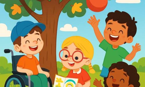 There are 4 children: - Sam: an 8-year-old boy with brown hair and a big smile. He is sitting in his wheelchair, wearing a blue cap, and looking at his friends with sparkling eyes. - Mia: a 7-year-old girl with red glasses and blonde hair in braids. She is crouched next to Sam, holding a drawing pad filled with bright colors. - Rafael: an 8-year-old boy with black hair and freckles. He is standing, throwing a red balloon in the air with a big smile. - Lily: a 7-year-old girl with curly hair and a yellow dress. She is joyfully dancing around Sam and Mia, singing a friendship song. The setting takes place under a large maple tree with green and golden leaves in a bright park on Rainbow Street. The ground is covered with green grass and colorful flowers, and the sky is blue with a few white clouds. The main scene shows the children playing together, laughing, and sharing moments of happiness. Sam, although in his wheelchair, is surrounded by his friends who include him in their games, creating a warm and friendly atmosphere.