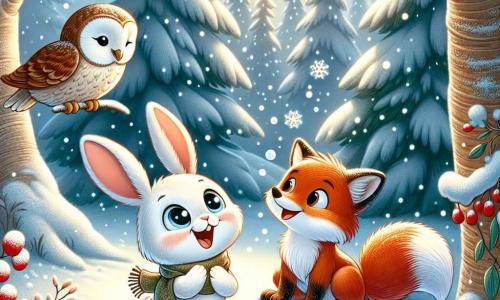 Un coniglietto di nome Bianchino, con un pelo bianco e morbido, grandi orecchie e occhi brillanti di gioia, è seduto in una radura innevata, meravigliato dai fiocchi di neve che cadono dolcemente intorno a lui. Accanto a lui, un saggio gufo dalle piume marroni e grandi occhi rotondi, posato su un ramo, sorride benevolmente, osservando Bianchino con un'espressione amichevole. Più lontano, una volpe rossa, con un pelo splendente e una coda folta, decora un piccolo albero con bacche rosse, mostrando un sorriso gioioso ed entusiasta. Il luogo è una foresta incantata, con alberi coperti da uno spesso strato di neve scintillante e il terreno tappezzato di foglie gelate. La luce del sole filtra tra i rami, creando riflessi sulla neve. La scena principale mostra Bianchino, stupito dalla prima neve, circondato dai suoi amici, condividendo un momento di gioia e meraviglia, celebrando l'arrivo dell'inverno in un'atmosfera calda e festosa.