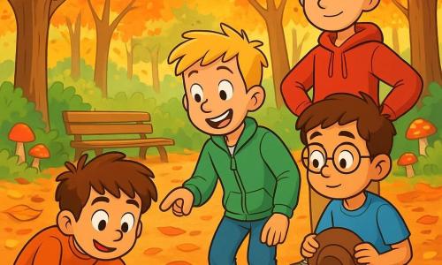 Ci sono quattro bambini: Luca, un ragazzo di 7 anni con capelli castani disordinati e occhi brillanti, indossa un maglione arancione e jeans, accovacciato a osservare una piccola formica. Matteo, anche lui di 7 anni, ha capelli biondi e un grande sorriso, è in piedi accanto a Luca e indica la formica con un dito curioso, indossando una giacca verde e scarpe da ginnastica. Omar, un altro ragazzo di 7 anni con capelli neri e occhiali rotondi, è leggermente in disparte, tiene il cappello in mano con uno sguardo ammirato, indossa una maglietta blu e pantaloni corti. Paolo, un ragazzo di 8 anni con capelli castani e un volto serio ma amichevole, è in piedi dietro gli altri con le mani sui fianchi, osservando attentamente, indossando una felpa rossa e pantaloni beige. Il luogo è una foresta autunnale con alberi dalle foglie dorate, arancioni e rosse che cadono dolcemente. Il sentiero è coperto di foglie croccanti, e il sole filtra tra i rami, creando ombre danzanti. I quattro bambini sono affascinati da una formica che trasporta un grosso seme, tutti piegati in avanti con gli occhi pieni di meraviglia mentre la formica zigzagueggia sul sentiero, creando un'atmosfera di curiosità e amicizia.