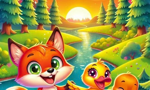 Un pequeño zorro de pelaje naranja brillante, con grandes ojos chispeantes de curiosidad y una sonrisa alegre, está de pie en una colina verde, mirando un hermoso atardecer que ilumina el cielo con colores rosas y dorados. A su lado, un pato de plumas amarillas brillantes, con una mirada amistosa y alas ligeramente abiertas, vuela alegremente, expresando gran emoción. Un oso marrón, con un rostro dulce y sonriente, se encuentra un poco atrás, con los brazos cruzados, mostrando una expresión de felicidad y satisfacción mientras observa a sus amigos con orgullo. El lugar es una colina que domina un vasto paisaje de bosque encantado, donde los majestuosos árboles se alzan, sus hojas brillando bajo los rayos del sol poniente, y un arroyo reluciente serpentea abajo, añadiendo un toque de magia a la escena. La situación principal muestra a los tres amigos celebrando su amistad, disfrutando del momento juntos, con risas y gestos alegres, simbolizando la belleza de los lazos que han tejido a lo largo de sus aventuras.