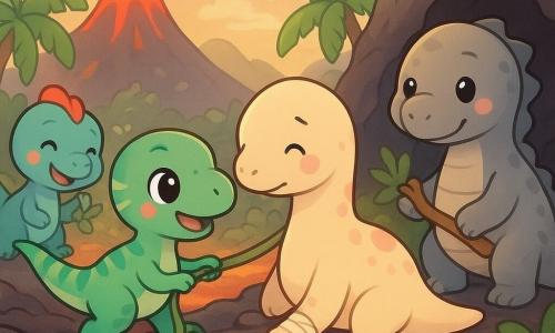 Un pequeño velociraptor ágil y sonriente, de plumas verde menta con franjas amarillas, lleva con cuidado una liana alrededor de su amiga herida mientras corre; tiene expresión valiente y tierna, cejas ligeras fruncidas y cola arqueada. Luma, una dinosauria de cuello largo color crema con manchas rosadas, está sentada sujetando la pata trasera vendada, aliviada y cansada; Pipo, un dinosaurio rechoncho de cresta roja y piel azul cielo, agita hojas para alejar ceniza; Brum, grande y robusto con placas grises, sostiene ramas de apoyo junto a la entrada de una cueva sombreada. El escenario es una isla volcánica de rocas negras brillantes, lava rojo‑naranja bajo un puente de roca, nubes de ceniza y palmeras verdes; al fondo hay una pequeña cueva rodeada de grandes hojas y flores violetas en estrella. Situación: los amigos cruzan con precaución el puente de roca sobre la lava para llegar a la cueva sanadora, con una atmósfera de calor, coraje y ternura.