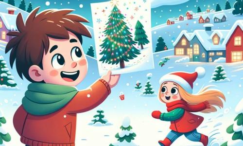 Un ragazzino di 7 anni di nome Leo, con capelli castani arruffati e un grande sorriso, si trova al centro dell'immagine, tenendo un disegno colorato di un albero di Natale. Alla sua destra, sua madre, una donna di circa 30 anni con capelli lunghi e biondi, indossa un cappotto rosso e guarda Leo con occhi meravigliati. Sullo sfondo, si estende un incantevole paesaggio invernale: case coperte di neve scintillante, abeti verdi decorati con luci, e un cielo azzurro chiaro punteggiato da fiocchi di neve che cadono. La scena principale mostra Leo che corre felicemente nella neve, con il suo disegno che vola al vento, mentre cerca di raggiungerlo, creando un'atmosfera di magia e avventura natalizia.