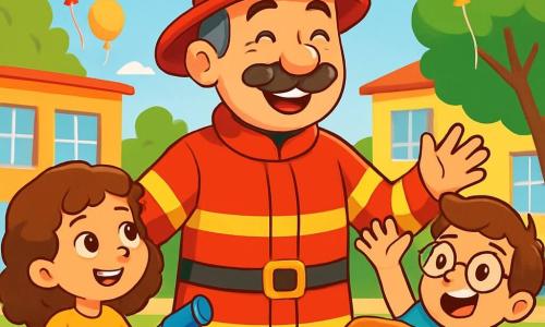 Don Mateo, un hombre de mediana edad con una gran sonrisa cálida y un bigote risueño, lleva un uniforme de bombero rojo brillante. Está de pie, con los brazos abiertos, rodeado de niños maravillados. Sofía, una niña de 7 años con cabello rizado y ojos brillantes, sostiene una pequeña manguera de juguete, mirando a Don Mateo con admiración. Lucas, un niño de 8 años con gafas y una camiseta azul, levanta la mano exclamando de alegría, mientras se encuentra a su lado. La escena tiene lugar en el patio de una escuela soleada, rodeada de edificios coloridos y grandes árboles verdes. Globos rojos y amarillos flotan en el aire, añadiendo un toque festivo a la atmósfera. Don Mateo explica a los niños cómo ser bombero, con un aire entusiasta y amigable, mientras los niños escuchan atentamente, cautivados por sus historias y gestos expresivos.