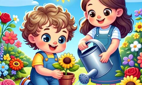 Een jongetje van 2 jaar met krullend haar en sprankelende ogen is bloemen aan het planten in een zonnige tuin. Hij draagt een blauwe overall en een gele t-shirt, en zijn gezicht straalt vreugde en concentratie uit. Zijn moeder, een vrouw van ongeveer 30 jaar met lang bruin haar, glimlacht terwijl ze hem observeert met een gieter in de hand. Ze staat naast hem in de tuin, klaar om te helpen. De tuin is gevuld met kleurrijke bloemen, zoals rode rozen, gele zonnebloemen en paarse viooltjes. De lucht is blauw en helder, en de zon schijnt, wat een vrolijke en zomerse sfeer creëert. In deze scène is het jongetje druk bezig een klein gaatje in de grond te graven om een nieuwe bloem te planten, terwijl zijn moeder hem aanmoedigt met een vriendelijke glimlach.