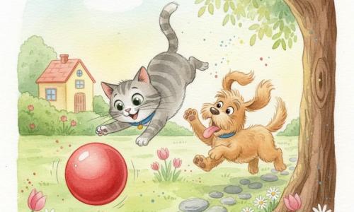 Een zacht grijs gestreept katje met grote groene ogen en een blauw halsbandje maakt een acrobatische sprong naar een glanzende rode bal terwijl de lichtbruine, wollige hond Rufus met hangende oren speels en iets onhandig achter de bal aanrent met de tong uit en een poot omhoog; op de achtergrond een geel huisje met rood dak, een groene haag en een grote boom rechts, een gras tuin met witte madeliefjes en roze tulpen en een pad van ronde stenen, in een levendige speelscène bij schemerachtig licht met zachte kleuren.