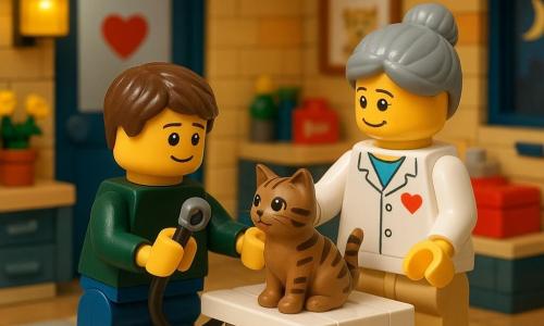 Un tânăr (~18 ani) cu păr castaniu scurt, zâmbet timid şi privire curioasă, genunchiuit lângă o masă de examinare LEGO ţinând un mic stetoscop din plastic; o veterinară (~40 ani) cu păr gri prins în coc, halat alb cu broderie în formă de inimă, stând în dreapta lui şi arătându-i cum să ţină stetoscopul; o pisică tigrată LEGO miaunând pe masă, urechi uşor plecate şi ochi strălucitori; un căţeluş LEGO maro-deschis culcat într-un coş miniatural la picioarele mesei, dând din coadă; în fundal intrarea clinicii cu uşă de lemn vopsită albastru şi inimă pe geam, semilună; interior cu rafturi şi borcane colorate, trusă medicală roşie, postere şi covoraş cu urme; culori vii, textură de cărămizi vizibilă, iluminare caldă; scenă tandră şi liniştită în care tânărul învaţă să ajute veterinarul la examinarea pisicii, compoziţie centrată, dioramă LEGO detaliată, unghiuri clare şi aspect luminos, copilăros, culori saturate.