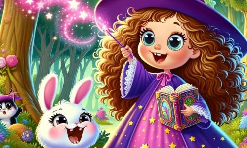 No centro da imagem, uma jovem bruxa chamada Lúcia, de cerca de 10 anos, sorri amplamente. Ela tem cabelos cacheados e crespos, de cor castanho claro, e usa um vestido roxo decorado com estrelas brilhantes. Em uma mão, segura um livro antigo com páginas coloridas, enquanto na outra agita uma varinha mágica que emite faíscas luminosas. Ao seu lado, Bolinha, seu adorável gato que se transformou em um pequeno dragão cor-de-rosa, bate as asas e solta bolhas de fumaça rosa, com um ar alegre e travesso. Um pouco mais longe, Maricota, uma coelha branca vaidosa, observa a cena com olhos arregalados, pronta para pular de alegria. O cenário se passa em uma floresta encantada, com árvores altas e majestosas, folhas brilhando em mil cores, flores cantantes e cogumelos multicoloridos no chão, sob um céu azul claro que deixa passar raios de sol dourados. A cena principal mostra Lúcia realizando um feitiço mágico, cercada por seus amigos, enquanto uma nuvem de fumaça rosa se eleva ao redor deles, criando uma atmosfera de festa e risos. Os animais da floresta, curiosos, se aproximam para observar a magia, adicionando vida e mistério à cena.