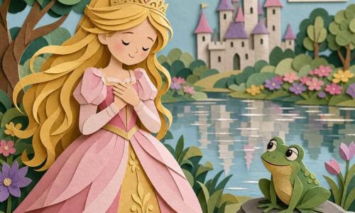 Princesa de cerca de 8 anos, cabelos loiros longos em tiras de papel, vestido rosa-pálido e dourado com texturas recortadas, rosto sereno e sorriso suave, mãos sobre o peito como se escutasse o coração; uma pequena rã verde brilhante, postura alegre, olhos redondos expressivos, sentada numa pedra à direita da princesa, olhando para ela com cumplicidade; fundo: lago espelhado calmo com reflexos em papel prateado, margens floridas multicoloridas em camadas recortadas, árvores com folhas de formas simples e vento estilizado em tiras; ao longe, castelo claro de papel com torres pontiagudas e janelas tortas, levemente desfocado; cena íntima e tranquila centrada na ligação entre a princesa e a rã, cores suaves e contrastes nítidos do estilo papel recortado.