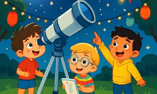 Há 3 personagens: Lucas, um menino de 5 anos com cabelo castanho bagunçado e olhos curiosos, vestido com uma camiseta vermelha e um short azul, está em pé olhando maravilhado através de um grande telescópio; Tiago, também de 5 anos, com cabelo loiro e óculos redondos, usa uma camisa listrada colorida e calças verdes, sentado na grama com um caderno de anotações pronto para desenhar o que vê no céu; Pedro, com cabelo negro e sardas, veste um moletom amarelo e jeans, está ao lado de Lucas apontando para um objeto brilhante no céu com um grande sorriso. O cenário é um vasto campo verde iluminado pela luz suave da lua, repleto de estrelas cintilantes, com um grande telescópio no centro e mapas de constelações espalhados pela grama, além de lanternas coloridas penduradas nas árvores, criando uma atmosfera mágica. Os três amigos estão fascinados por um objeto misterioso no céu, uma pequena nave espacial brilhante que emite luzes coloridas, enquanto descobrem juntos uma mensagem de amizade de uma civilização extraterrestre, cheios de excitação e encantamento.