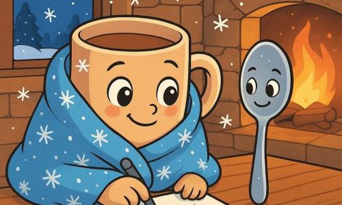 Mały kubek ceramiczny o imieniu Pękatek, z ciepłym uśmiechem i błyszczącymi oczami, siedzi na drewnianej półce, otoczony płatkami śniegu. Jest owinięty w miękki ręcznik w wzory płatków, pokazując wyraz ciekawości i radości. Obok niego znajduje się stara metalowa łyżka, z błyszczącą powierzchnią i przyjaznymi oczami, która z życzliwym uśmiechem obserwuje Pękatka, stojąc nieco z tyłu na drewnianym stole. Scena rozgrywa się w rustykalnej kuchni, z kamiennymi ścianami, oknem wychodzącym na zimowy krajobraz, gdzie śnieg pokrywa ziemię, a gwiazdy migoczą na nocnym niebie. Ogień trzaska w kominku, rzucając ciepłe i tańczące światło na ściany. Pękatek, ogrzewając się przy ogniu, rysuje zimowy krajobraz na kawałku papieru, otoczony miękką i pocieszającą atmosferą kuchni, gdzie czuć magię zimy i ciepło przyjaźni.
