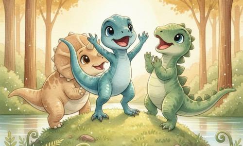 A small blue-green velociraptor named Pip with shiny scales, bright eyes, small claws, a wide smile and a curled tail stands atop a mossy hill with arms raised in joy; behind him Bina the beige triceratops with three small horns and a soft shell gently nudges him, and Lumo the stegosaurus with green plates and a laughing open mouth stands beside Pip, clapping with his tail; pink flowers and long ferns dot the hill, a glassy river lies below and tall trees with golden leaves line the horizon, bathed in golden evening light with a tender victorious mood, friendly warmth, and sparkling water and fine dust around them.