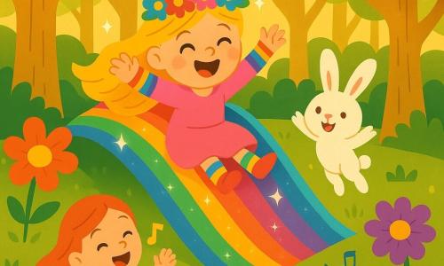 A cheerful princess named Poppy, with long blonde hair and sparkling eyes, wears a crown of colorful flowers on her head and striped socks on her hands. She laughs while sliding down a shimmering rainbow. Next to her, Benny, a small rabbit with big ears and soft white fur, jumps for joy, his eyes shining with excitement. Sparkle, a mermaid with multicolored scales, swims happily in a small pond, singing cheerful melodies. The setting is an enchanted forest filled with trees with golden trunks, giant flowers in bright colors, and soft light filtering through the leaves. In the center, a rainbow slide winds between the trees, creating a magical and playful atmosphere. The main scene shows Princess Poppy getting ready to slide down the slide, surrounded by her friends, all eager to have fun together on this day full of laughter.