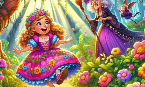 Prinses Pien, een jong meisje met krullend, goudkleurig haar, draagt een stralende roze jurk met kleurrijke bloemenmotieven. Ze heeft een ondeugende glimlach op haar gezicht, met sprankelende ogen van opwinding terwijl ze over haar eigen veters struikelt in de jungle. Naast haar staat heks Wilhelmina, een oudere vrouw met rommelig grijs haar, gekleed in een paarse jurk versierd met fonkelende sterren. Ze vliegt op haar bezem, lachend terwijl ze met haar vinger naar een grappige kokosnoot wijst die op de grond danst. De achtergrond is een weelderige jungle, vol met grote bomen met kromme stammen, kleurrijke bloemen en hangende lianen. Stralen zonlicht doorbreken het loof, wat een magische en speelse sfeer creëert. De hoofdscène toont Pien die in lachen uitbarst, terwijl ze probeert haar kroon te vangen die over de grond rolt, terwijl Wilhelmina zich vermaakt met het laten dansen van de kokosnoot, wat een vleugje gekte toevoegt aan deze betoverde scène.
