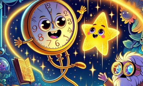 Na środku obrazu Zegarek, małe urządzenie w kształcie starego chronometru, świeci złotym światłem, jego migoczące wskazówki kręcą się z podekscytowaniem, wyrażając radosną determinację. Obok niego Ma Petite Étoile, świetlista istota w kształcie gwiazdy, emituje kolorowe błyski światła, unosząc się w powietrzu z zachwyconym uśmiechem, gotowa do odkrywania magicznego świata wokół nich. Nieco dalej Profesor Omega, naukowiec z rozwianymi włosami i okrągłymi okularami, z ciekawością przygląda się unoszącej się starej książce, jego oczy lśnią mądrością i zdumieniem. Tło stanowi futurystyczna stacja kosmiczna, wypełniona dziwnymi, kolorowymi roślinami, które zdają się unosić w powietrzu, z migoczącymi maszynami i jasnymi światłami tańczącymi wokół nich. Gwiazdy świecą przez okna, tworząc magiczną i tajemniczą atmosferę. Główna sytuacja pokazuje Zegarka i jego przyjaciół recytujących potężne zaklęcie magiczne, ich twarze oświetlone światłem wydobywającym się z unoszącej się książki, podczas gdy próbują przywrócić harmonię między nauką a magią w swoim uniwersum.