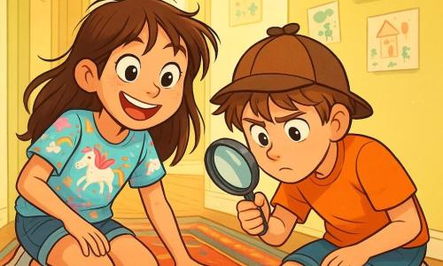 A 12-year-old girl, Ellie, with messy long brown hair, a big joyful smile, and sparkling excited eyes, is crouching near an old rug in a hallway. She wears a colorful t-shirt with unicorn patterns and denim shorts. Next to her, her 11-year-old brother Charlie, with tousled brown hair and a slightly tilted detective hat, watches intently, holding a magnifying glass in his hand. The hallway is bright, with pastel yellow walls decorated with children's drawings and family photos. A colorful rug covers the floor, and soft light filters through a window, creating a warm and welcoming atmosphere. The main scene shows Ellie and Charlie in the middle of an investigation, laughing and searching for a lost sock, surrounded by scattered toys and dust in the air, capturing the spirit of adventure and sibling closeness.