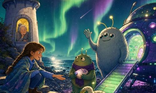 A 10-year-old girl, Maya, amazed and smiling with braided brown hair, a blue sweater and a blanket around her shoulders, crouches on the stone steps of a lighthouse reaching toward a small glowing saucer; an about-70-year-old grandmother with a wrinkled face and gray hair in a bun, wearing a floral dress, is asleep at the lighthouse window in the background; three aliens—Plip, large and round with silver fur, three glowing eyes and twinkling yellow antennae waving near the saucer ramp; Zango, stockier with a purple scarf holding a shell-shaped glowing device and looking curiously at the lighthouse; and Tritt, small, springy, pale spotted fur and thin antennae imitating a crab on the sand beside Maya—stand on a dark pebble beach by a silver sea before a white stone lighthouse with a golden lantern beam under a green-and-purple night sky streaked with auroras; a small round saucer sits on the sand with its ramp deployed, casting green and purple light on the pebbles, creating a warm, curious first-contact scene of discovery and friendship.