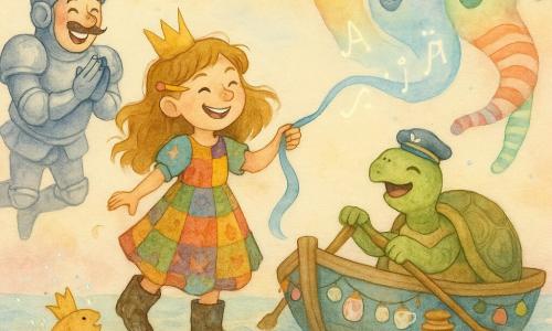 Princess Marigold, a mischievous smiling girl holding a pale blue ribbon, muddy boots, patchwork dress and a pencil behind her ear, stands in a tiny painted wooden boat rowed by Captain Tuck, a wise fat turtle with a small captain's hat; Sir Bumblebee, a young mustachioed knight in shiny armor with a big flower on his helmet, floats nearby applauding; the Choir of Wind are translucent colorful breaths wearing polka-dot and striped socks that form sails, the Lake of Laughter shimmers in pastel hues with musical-note waves and crowned fish splashing, the boat is decorated with hanging teacups, stacked biscuits and a paper-lamp garland, and the princess sends the ribbon flying in glittering letters toward the Choir while everyone laughs, the captain calms the waves and Sir Bumblebee applauds, a joyful, whimsical scene of vivid colors.